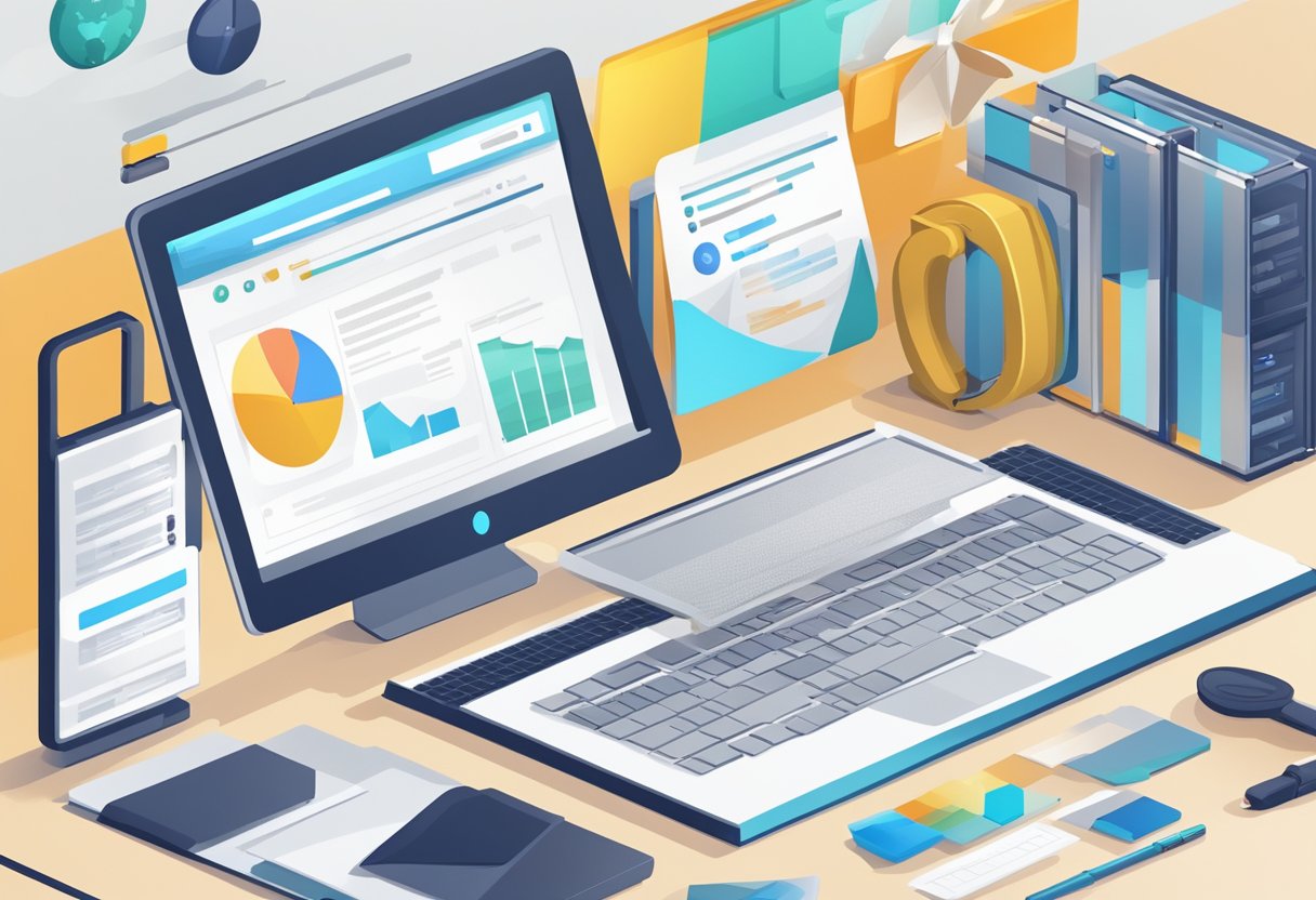 A computer screen displaying a website with a "Not Found" error message, surrounded by technical SEO tools and reports