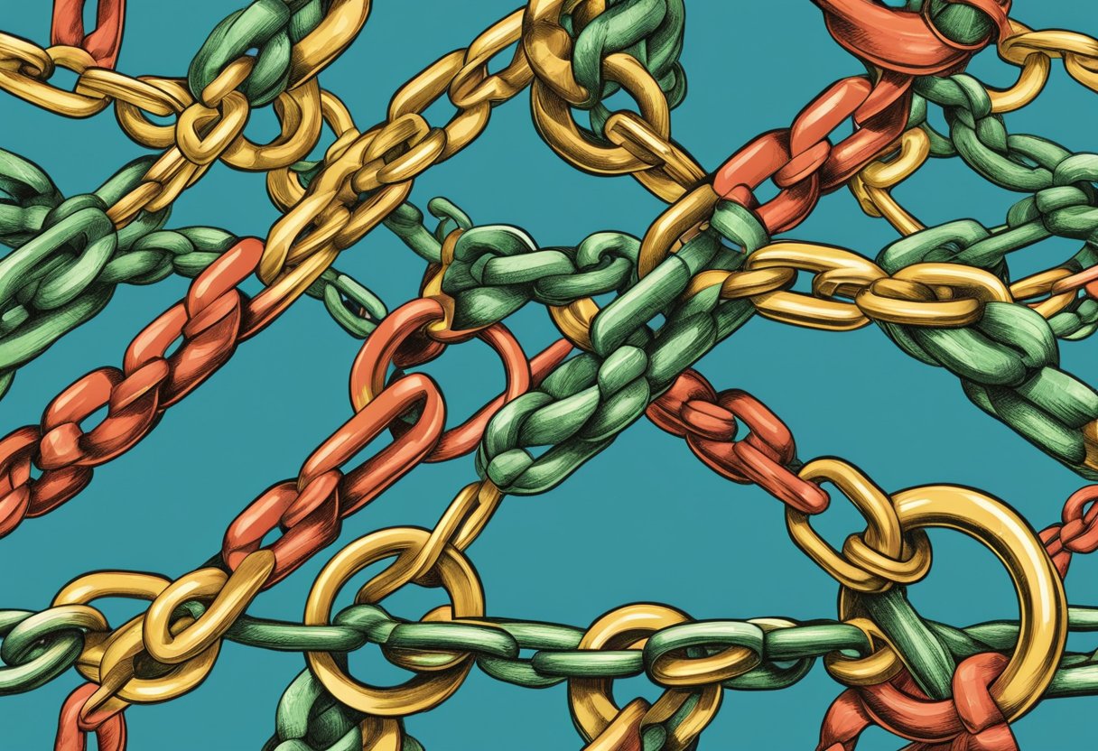 A group of intertwined chains symbolizing the corporate veil, with one chain being lifted to reveal the inner workings of a company
