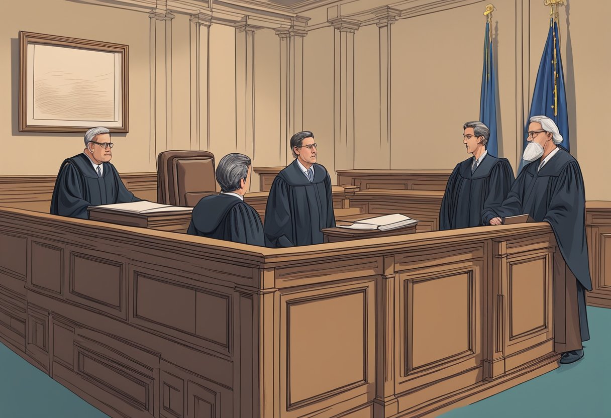 A courtroom with a judge presiding over a case, lawyers presenting arguments, and a veil being lifted to reveal the legal consequences of incorporation