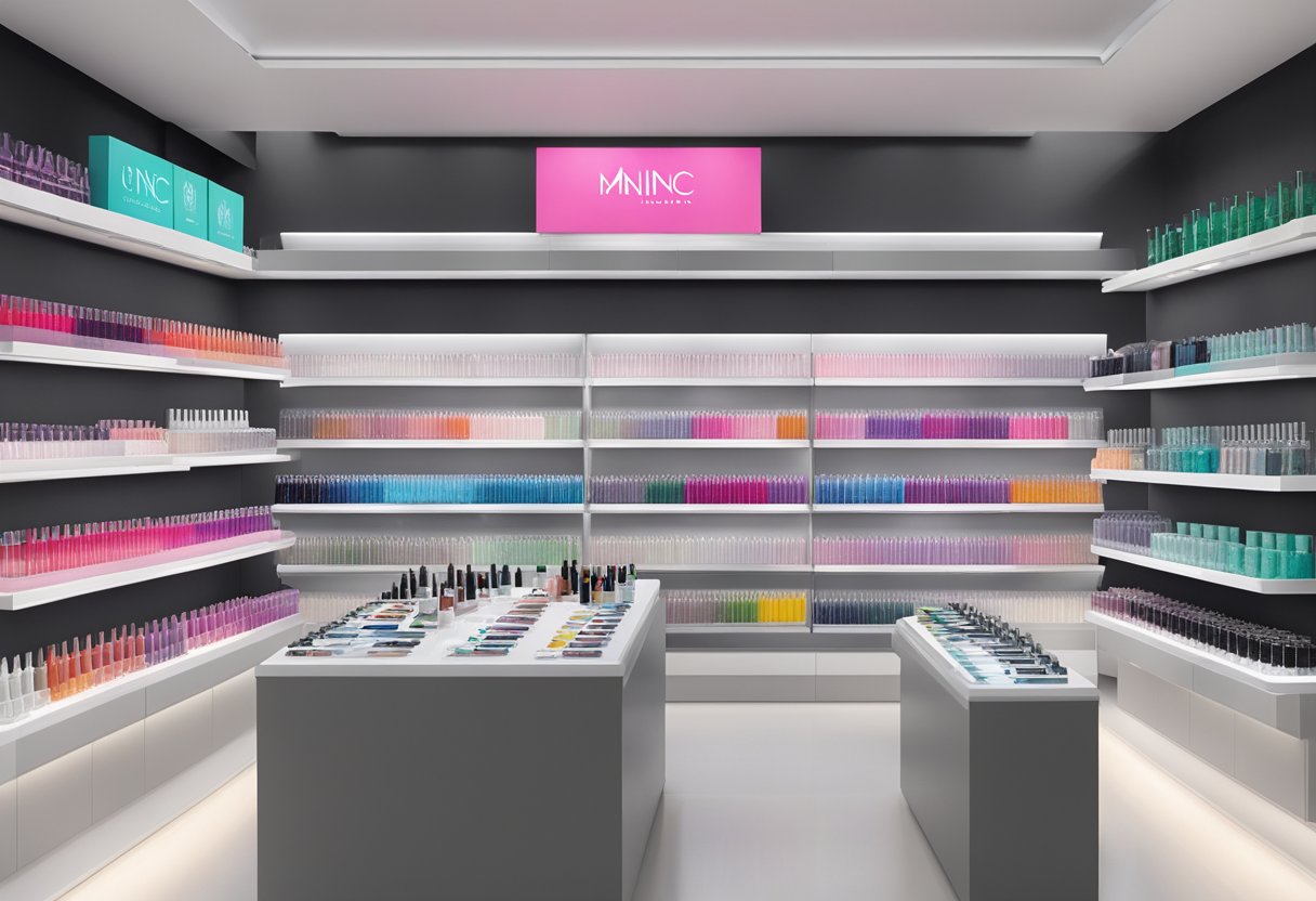 A display of Nails Inc products arranged on shelves, with prominent branding and clear pricing. A Canadian retailer's logo visible in the background