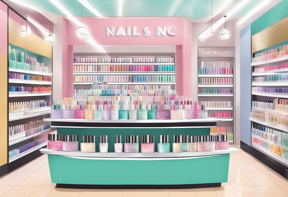 A table with nail care products, including Nails Inc, displayed in a well-lit store in Canada