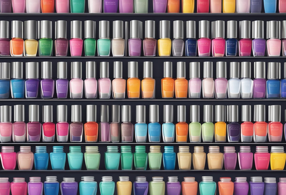 A colorful display of Nails Inc nail polish bottles arranged neatly on a shelf with a "Color and Style Guide" sign
