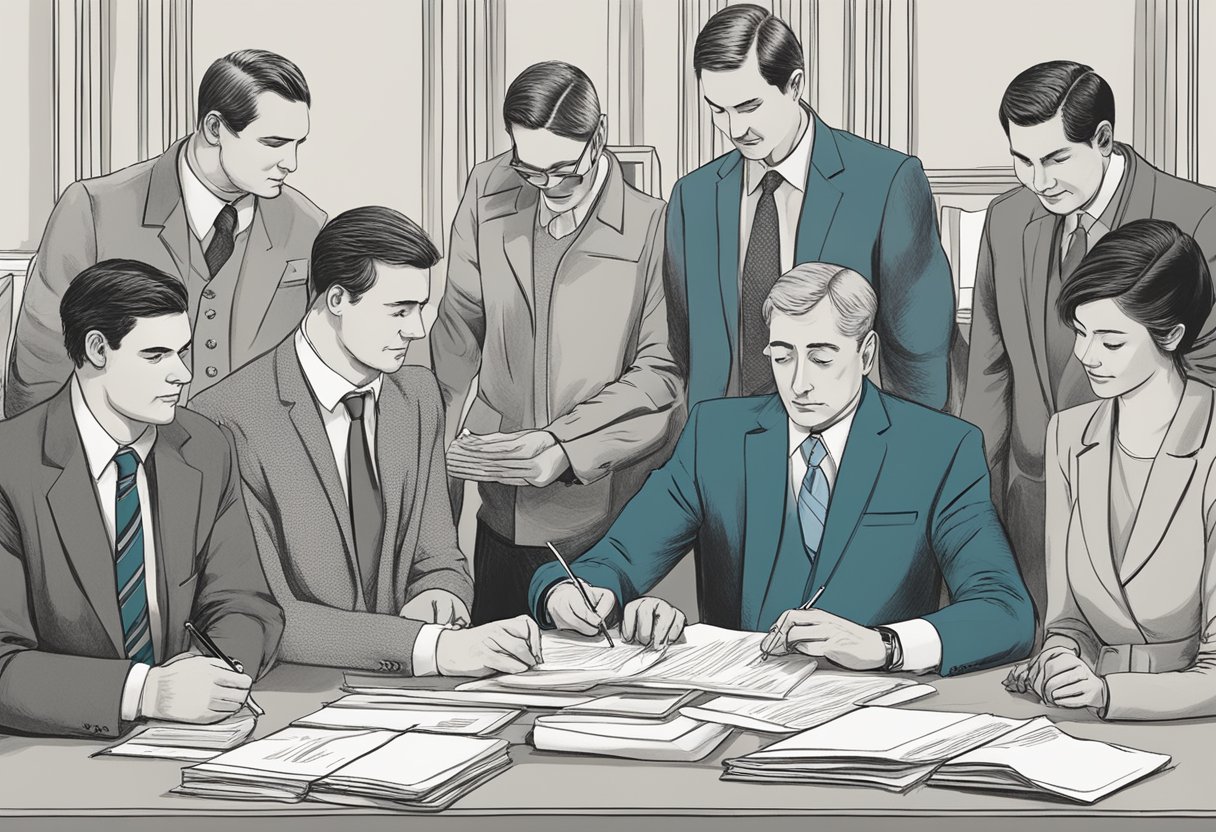 A group of people gathered around a table, signing and filing paperwork. A document labeled "Articles of Incorporation" is prominently displayed