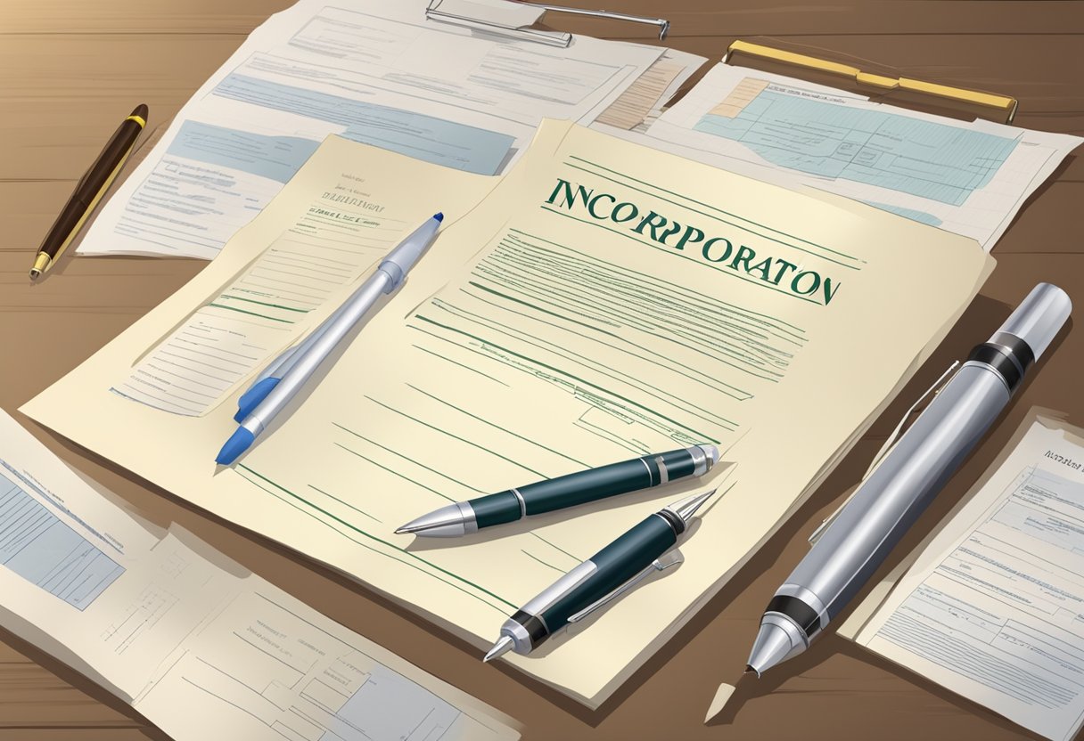 A table with legal documents, a pen, and a stamp. The documents are labeled "Articles of Incorporation - Nonprofit."