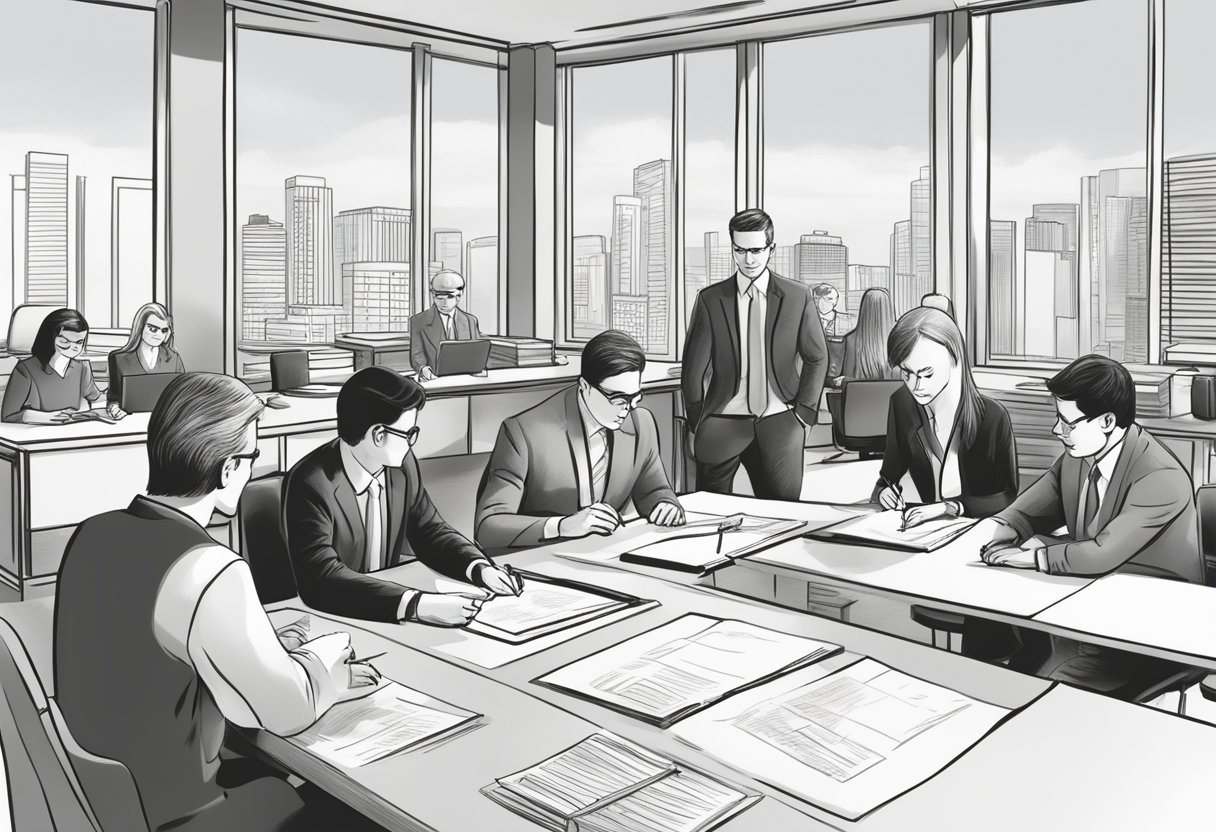 A group of people drafting and signing legal documents in a professional office setting, with a focus on the articles of incorporation for a nonprofit organization