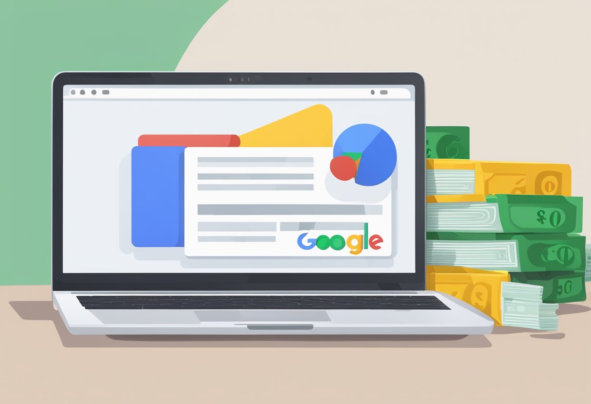 A laptop displaying Google search results for "how to make money with Google." A stack of cash and a Google logo in the background