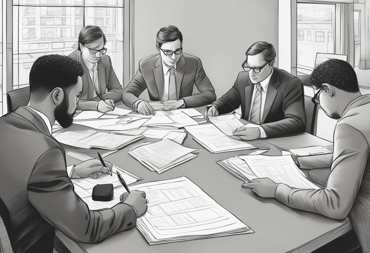 A group of people gather around a table to review and sign legal documents. Papers are spread out, and pens are ready to be used