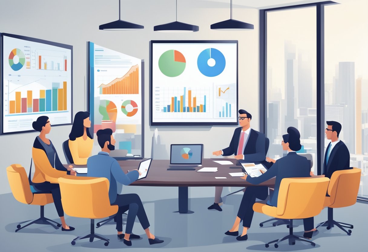 A group of business owners discussing recent corporation tax changes in a boardroom setting, with charts and graphs displayed on a screen