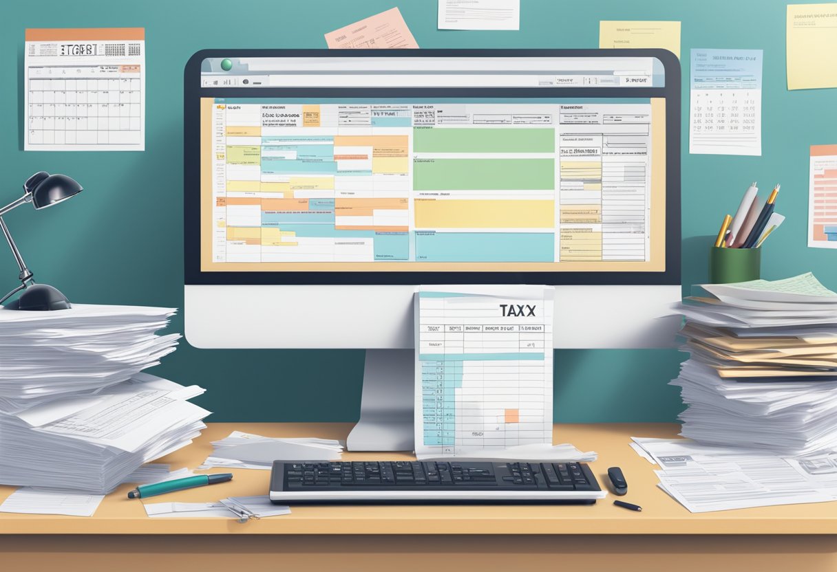 A desk cluttered with tax forms, a computer screen displaying tax regulations, and a calendar marked with the deadline for corporation tax filing