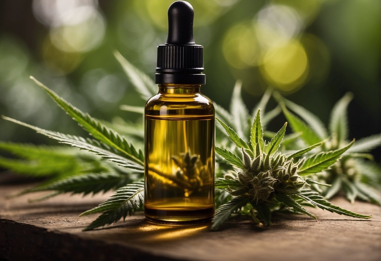 CBD oil bottle surrounded by hemp leaves, scientific research papers, and a list of 10 facts about CBD