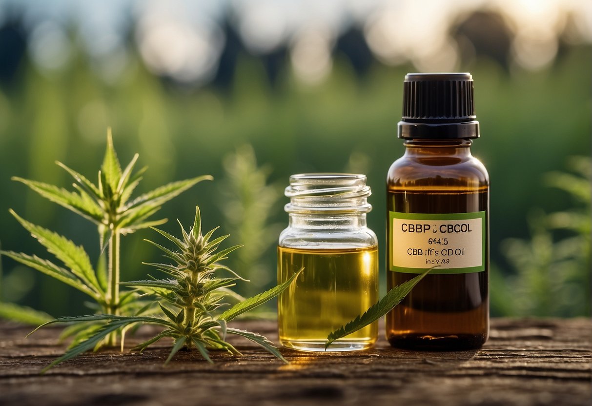 A serene field of hemp plants with CBD oil droplets forming above them, a scientific diagram of a CBD molecule, and a bottle of CBD oil with a label listing its 10 useful facts