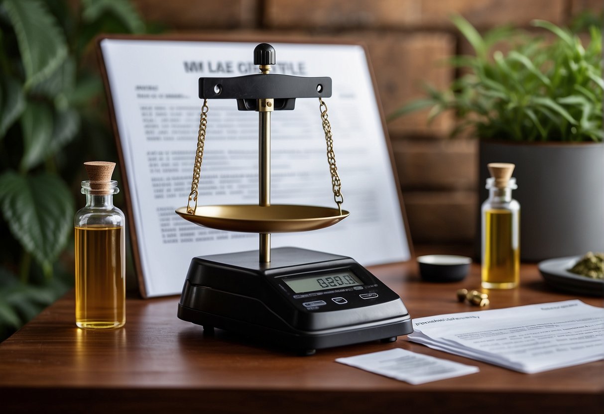 A scale weighing CBD oil bottles with a legal document and a list of 10 facts about CBD in the background