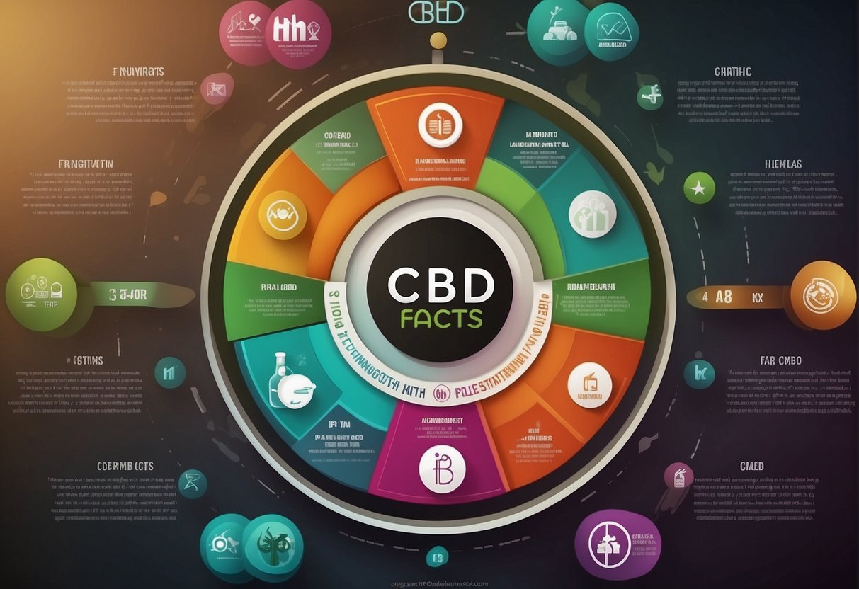A colorful infographic displaying 10 facts about CBD, with icons representing health benefits and medical research findings