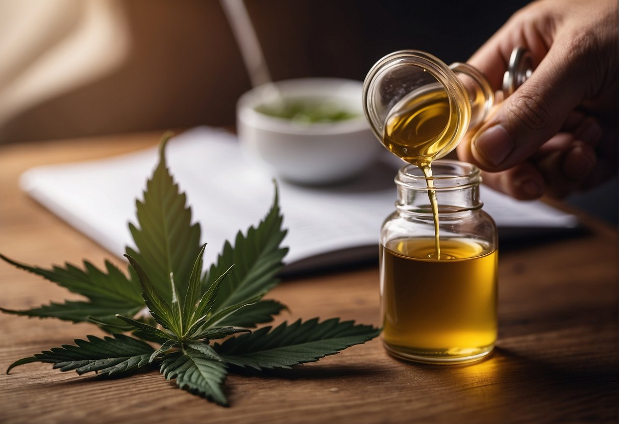 A person holding a dropper and adding CBD oil to a beverage. A bottle of CBD oil, a cup, and a spoon on the table. A journal with "10 useful facts about CBD" written on the cover