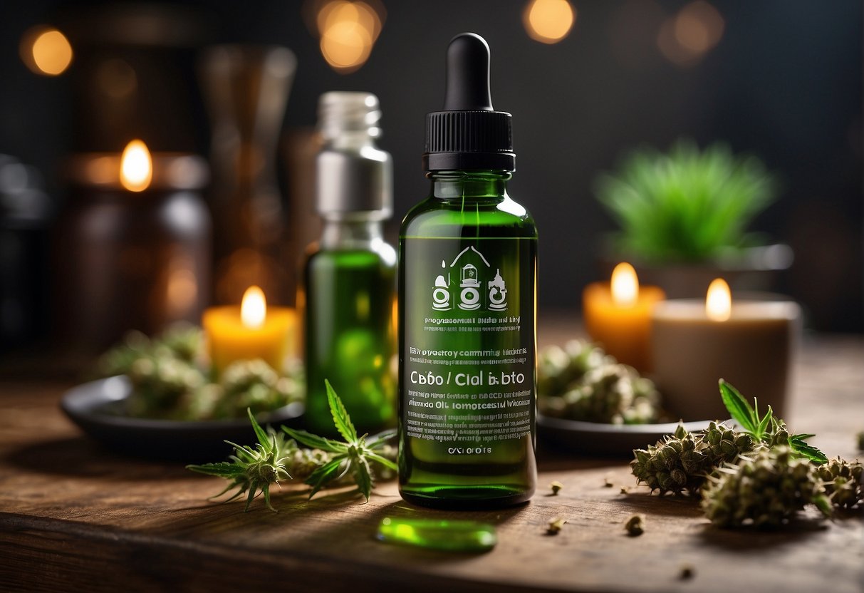 A bottle of CBD oil sits on a table, surrounded by a variety of safety symbols and warnings. A list of 10 useful facts about CBD is displayed next to it