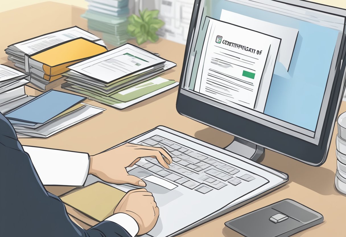 A hand reaches for a Certificate of Incorporation. The document is being downloaded from a computer screen