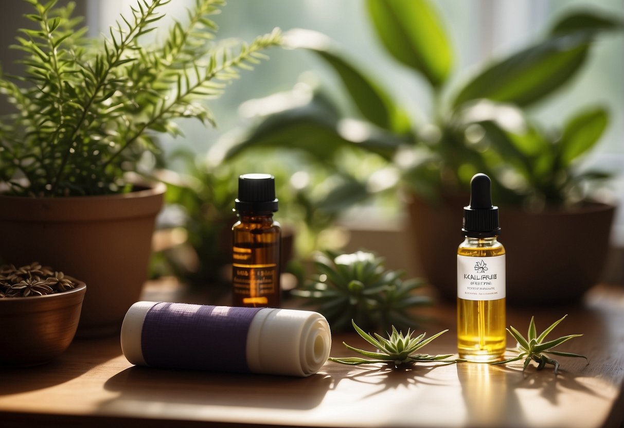 A serene setting with a yoga mat, essential oils, and a bottle of CBD oil on a table, surrounded by plants and natural light