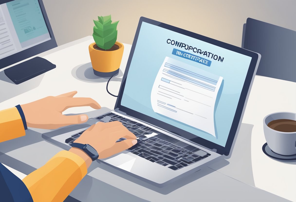 A hand reaches for a computer mouse, clicking "download certificate of incorporation" on a screen displaying the document