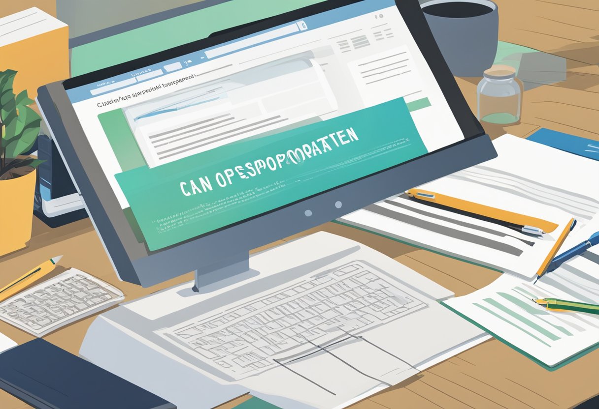 The Articles of Incorporation document lies open on a desk, with a pen poised to make edits. A computer screen displays the question "Can articles of incorporation be updated?"