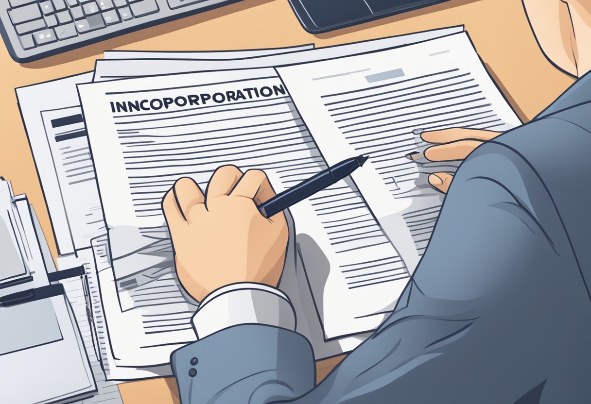 A hand holds a pen, crossing out and updating a document titled "Articles of Incorporation" on a desk with a laptop and legal papers