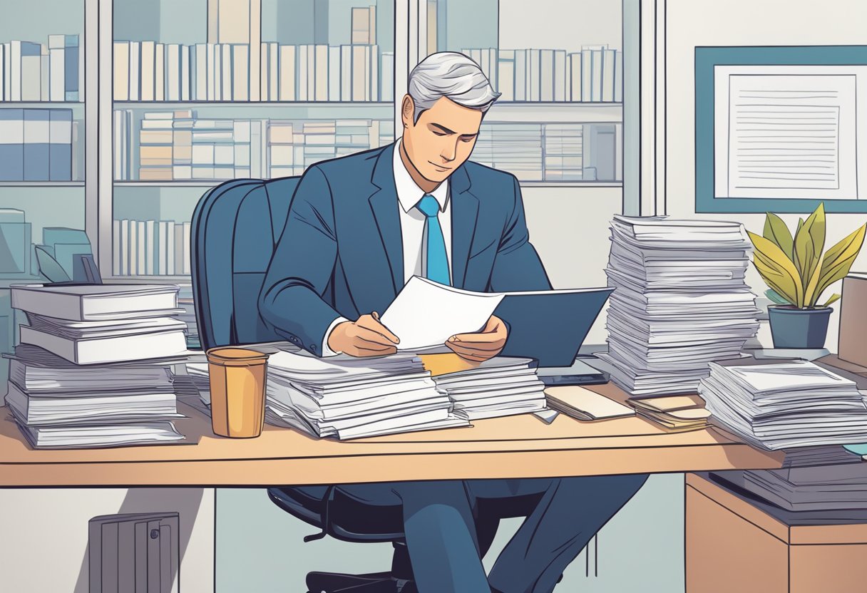 A business owner updates articles of incorporation at a desk with legal documents and a computer