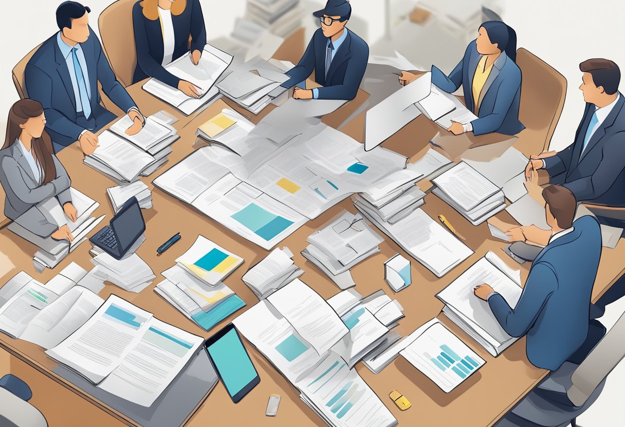 A group of people discussing legal and compliance documents, with a focus on formation vs incorporation. Documents and legal books are scattered on the table