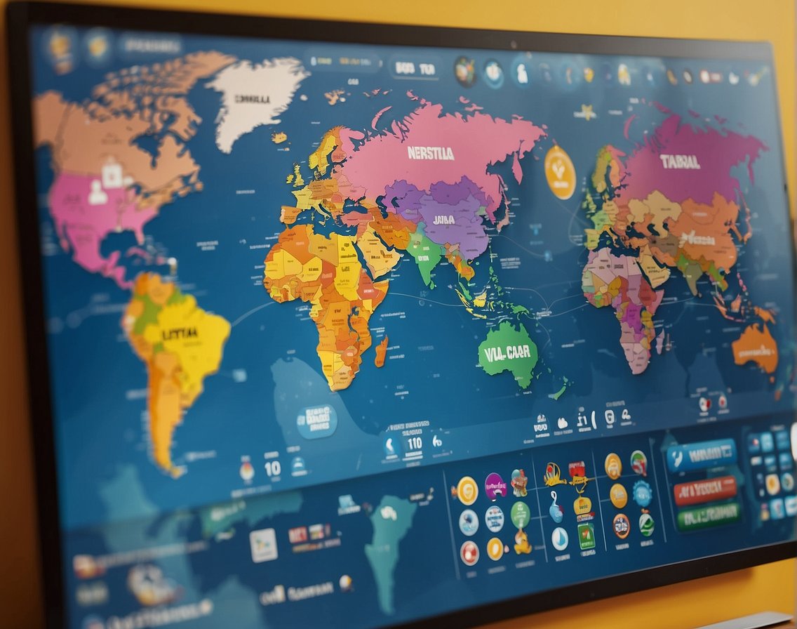 A colorful world map with various icons representing popular gambling licenses in different countries
