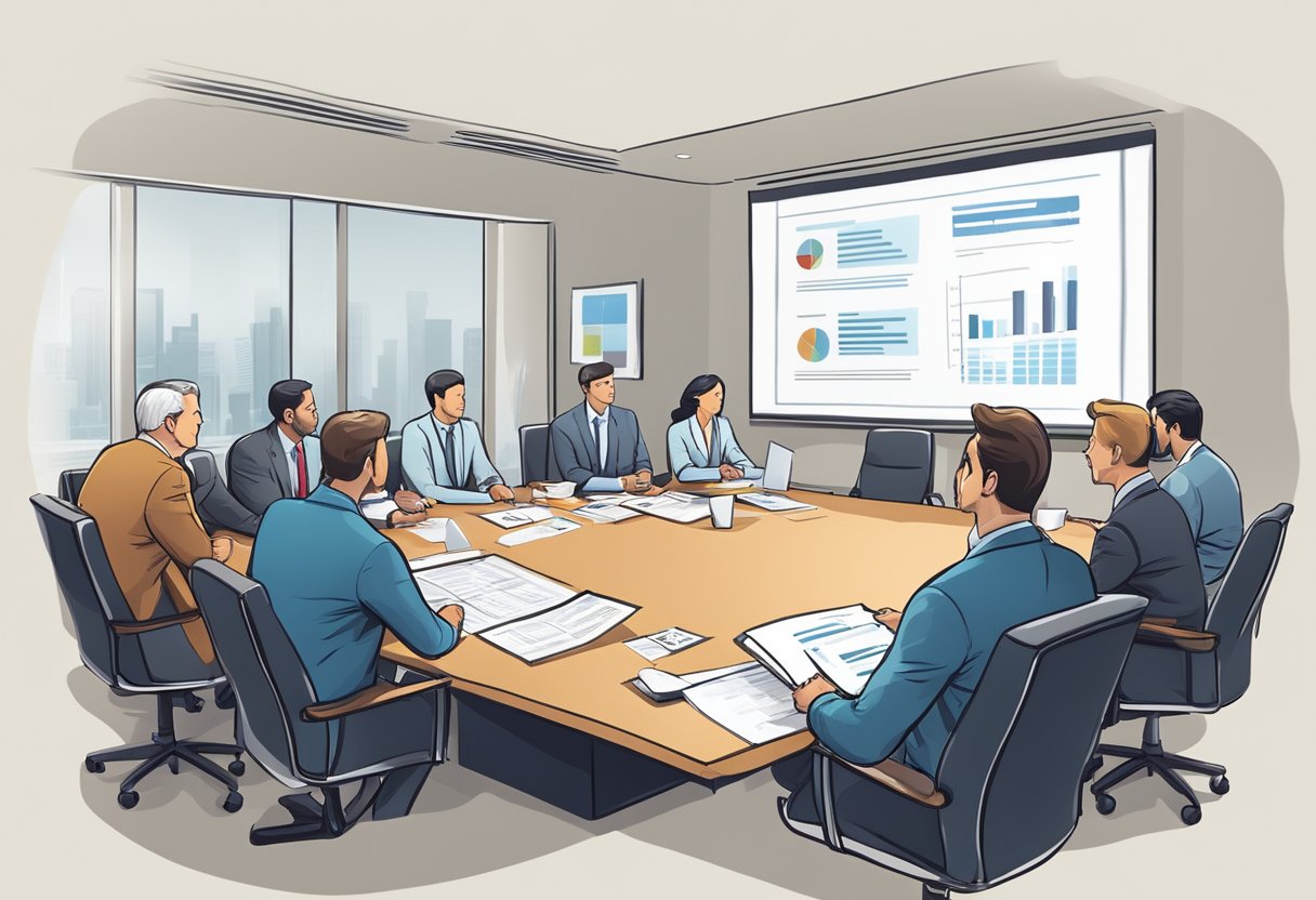 A boardroom meeting with legal documents, charts, and a compliance checklist displayed on a screen. Executives discussing company law and statutory requirements