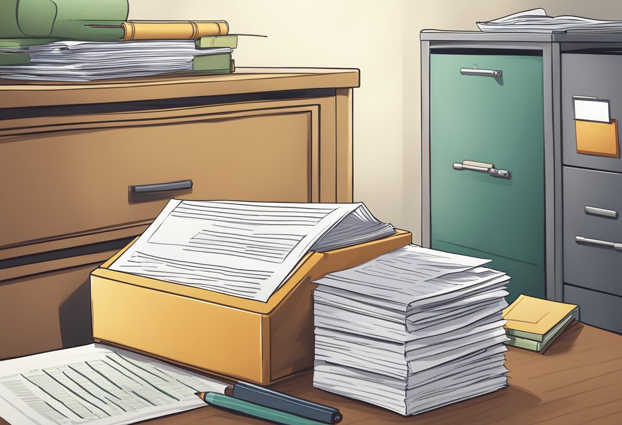 A stack of legal documents with "Articles of Incorporation" printed on top, next to a pen and a filing cabinet