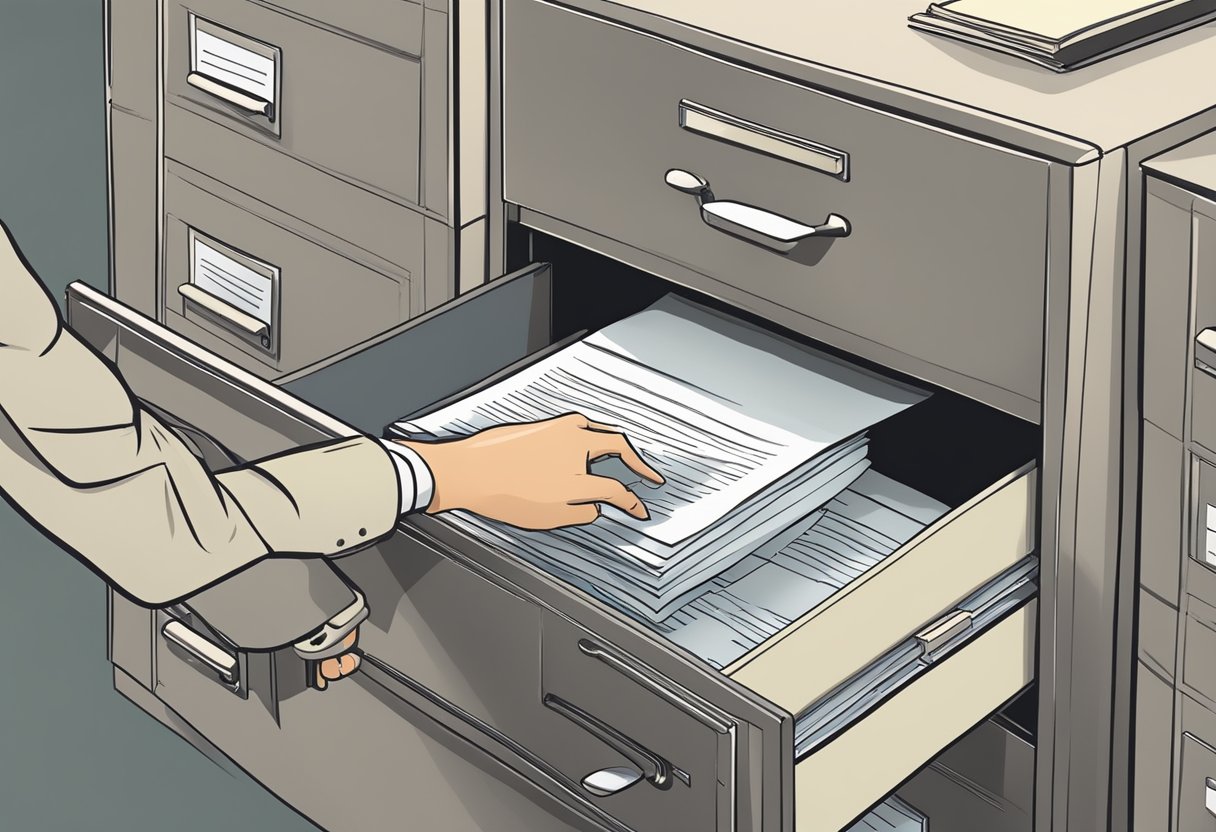 A hand placing papers into a filing cabinet labeled "Articles of Incorporation."