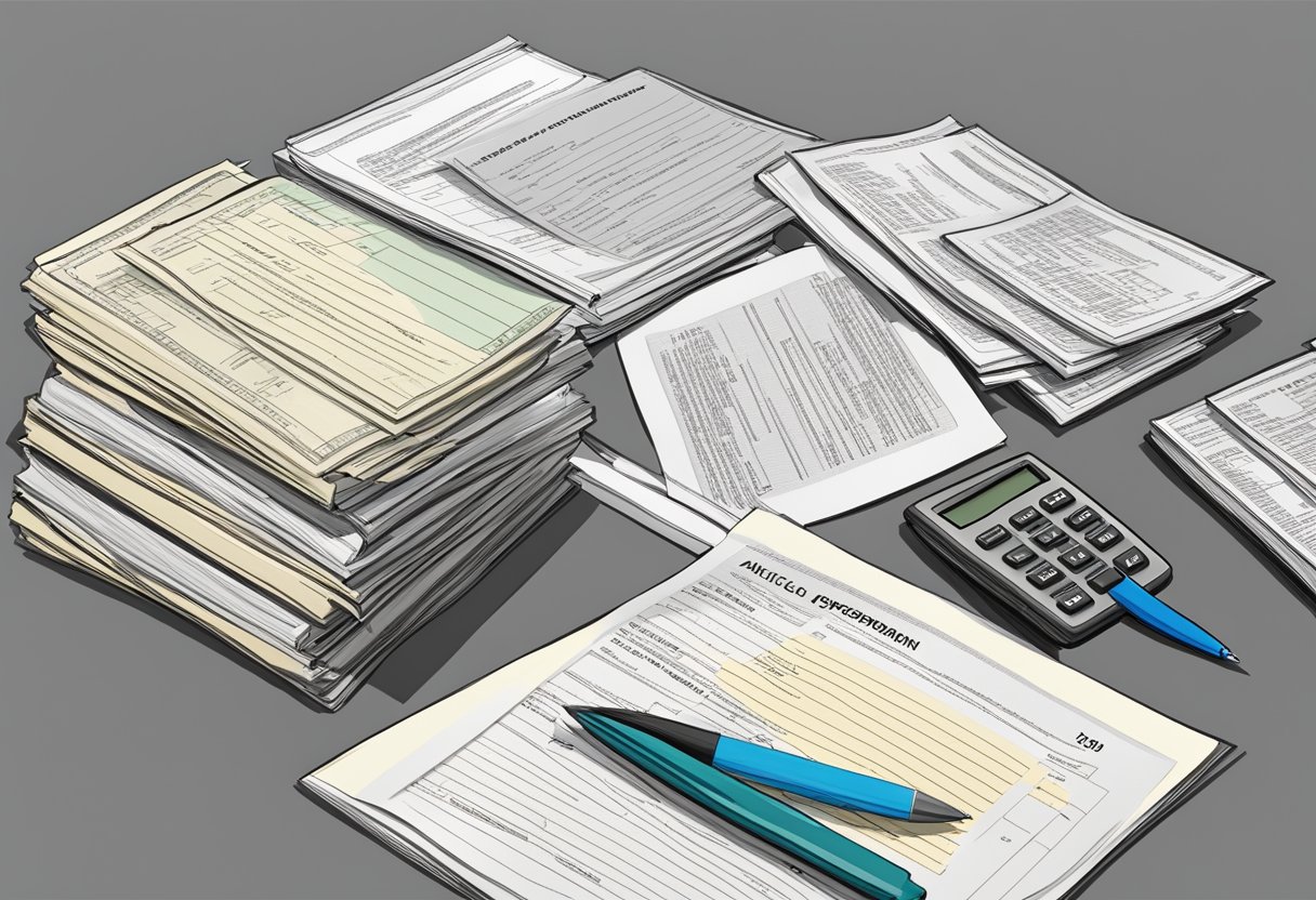 A stack of legal documents with "Articles of Incorporation" printed on top, surrounded by a pen, calculator, and computer