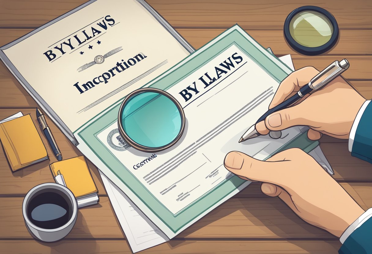 A hand holding a Certificate of Incorporation with a magnifying glass, next to a document titled "Bylaws" on a wooden desk
