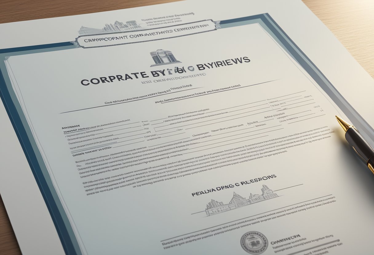 A document titled "Corporate Bylaws Overview" is displayed next to a certificate of incorporation, highlighting the comparison between the two legal documents