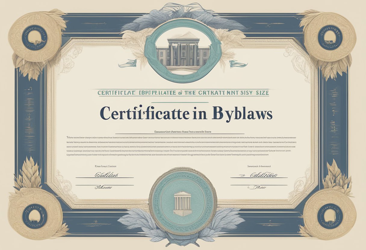 A certificate and bylaws lie side by side, highlighting their differences in font size and content