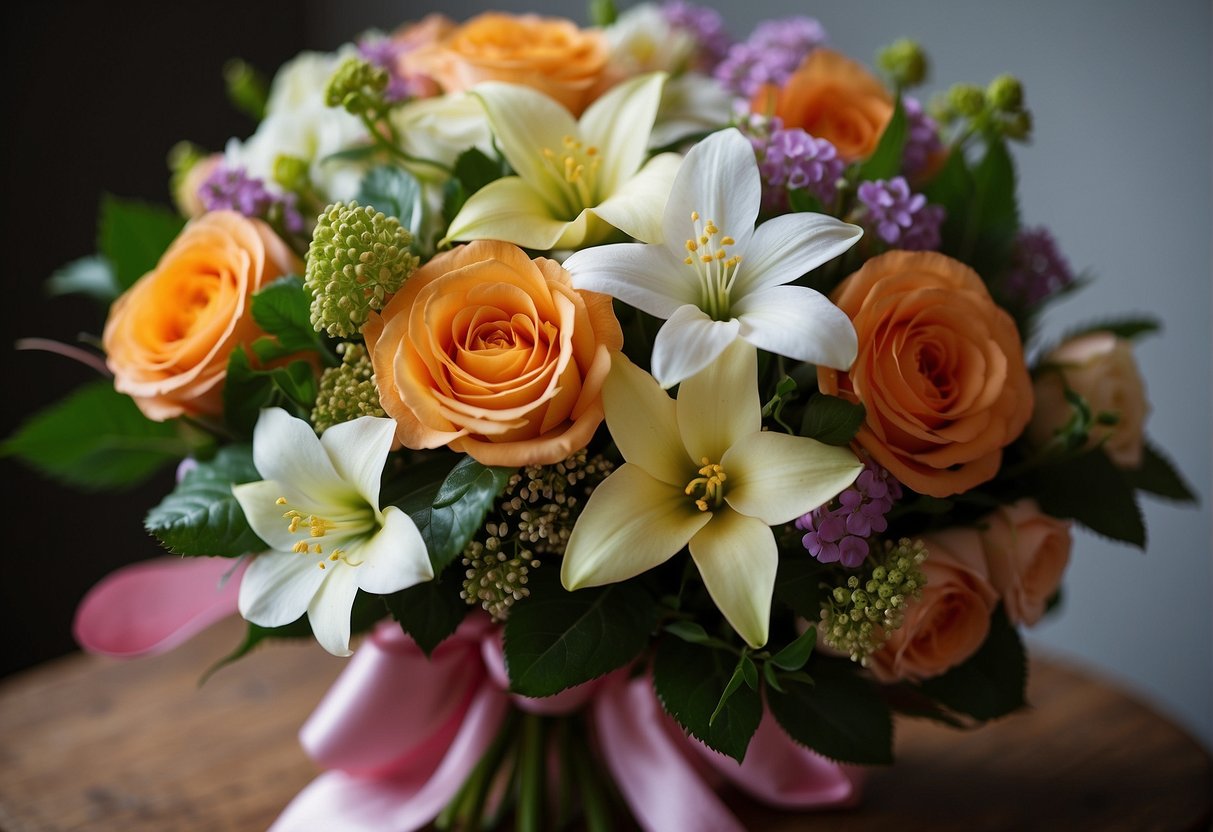 A variety of colorful flowers arranged in a lush bouquet, tied with a satin ribbon, and adorned with delicate greenery