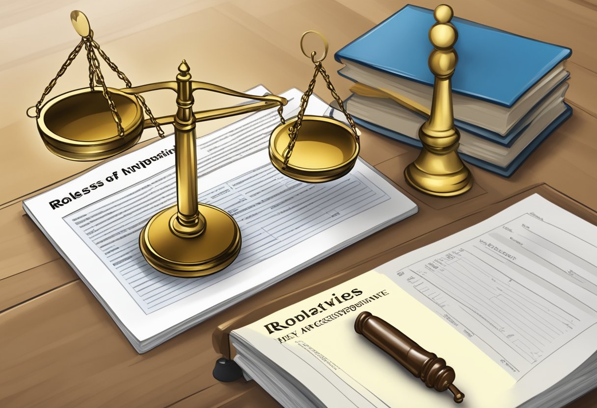 A scale weighing "Roles and Responsibilities bylaws" against "Articles of Incorporation" with a gavel in the background