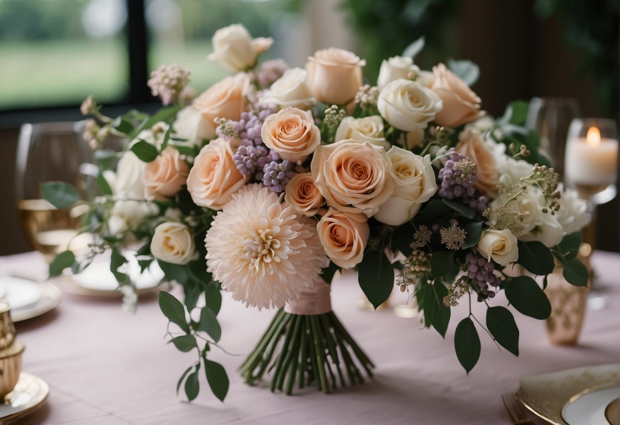 A table adorned with various bridesmaid bouquets in shades of blush, lavender, and ivory. Delicate ribbons cascade from the arrangements, adding a touch of elegance