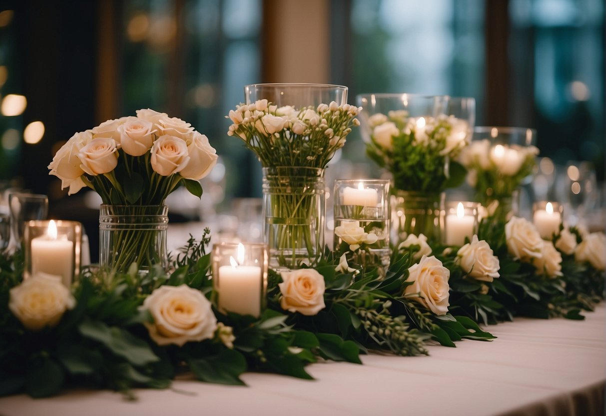 A table with various bridesmaid bouquets in glass vases, surrounded by greenery and soft lighting