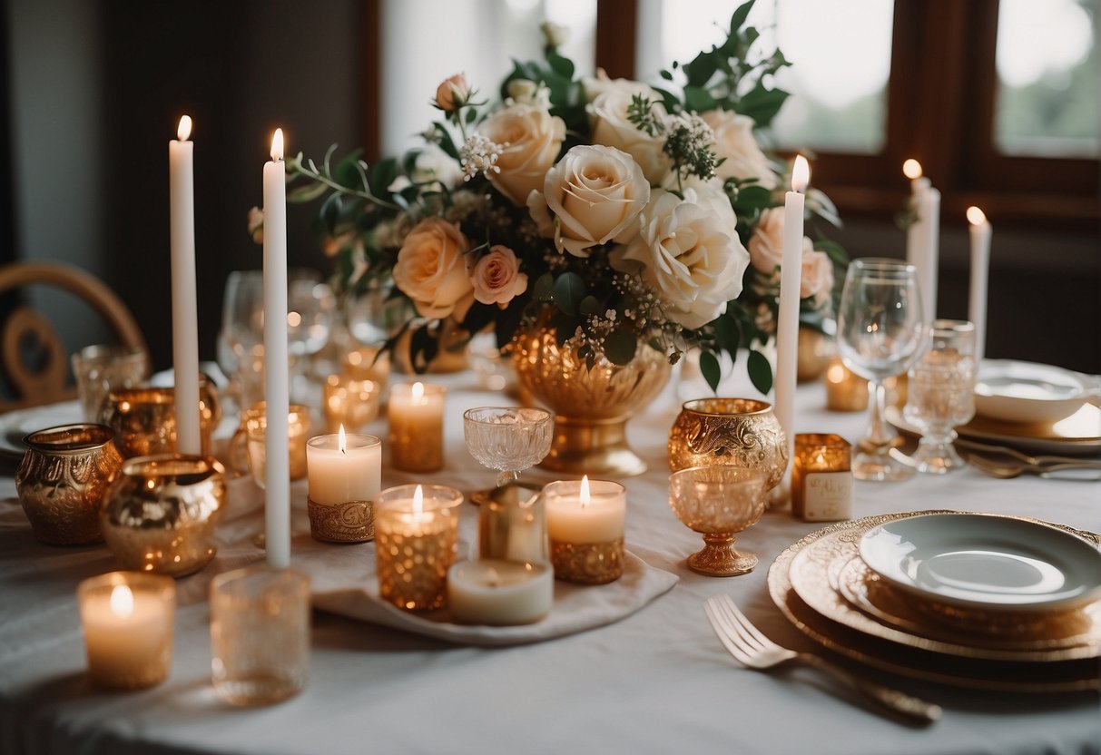 A table adorned with personalized jewelry, scented candles, and monogrammed robes, surrounded by happy bridesmaids