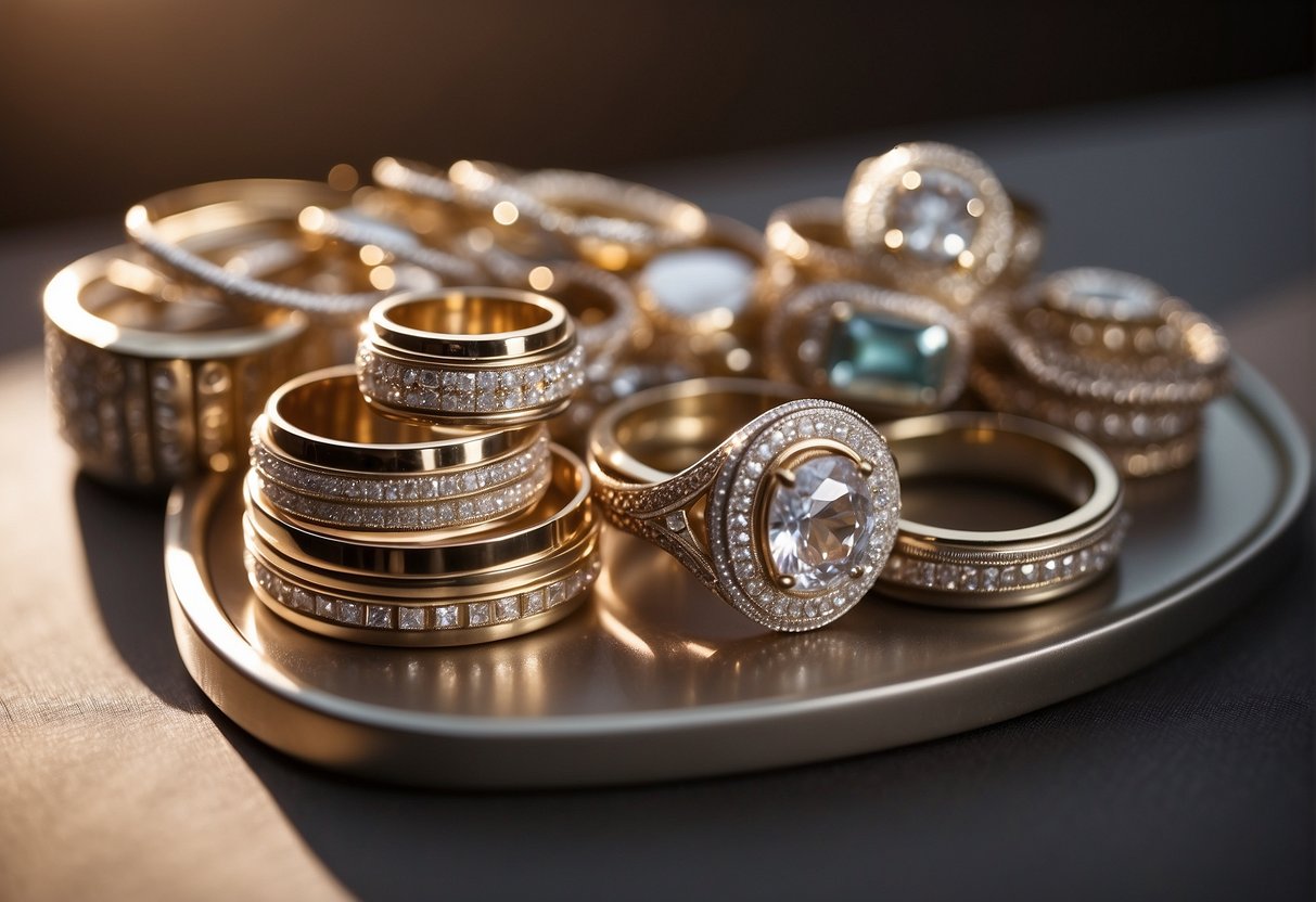 Shimmering jewelry boxes arranged on a table, reflecting soft light. Sparkling necklaces and delicate bracelets peek out, ready to be cherished as bridesmaid gifts