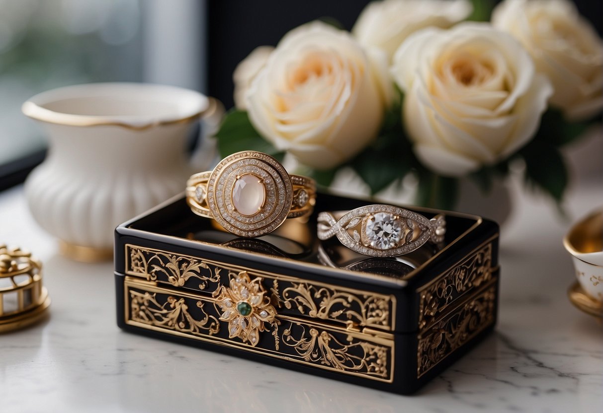 A table adorned with elegant personalized keepsakes, including jewelry boxes, photo frames, and engraved trinkets, arranged for bridesmaid gift ideas