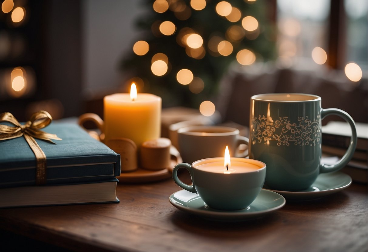 A table with practical items like mugs, journals, and candles. A gift box and ribbon add a festive touch