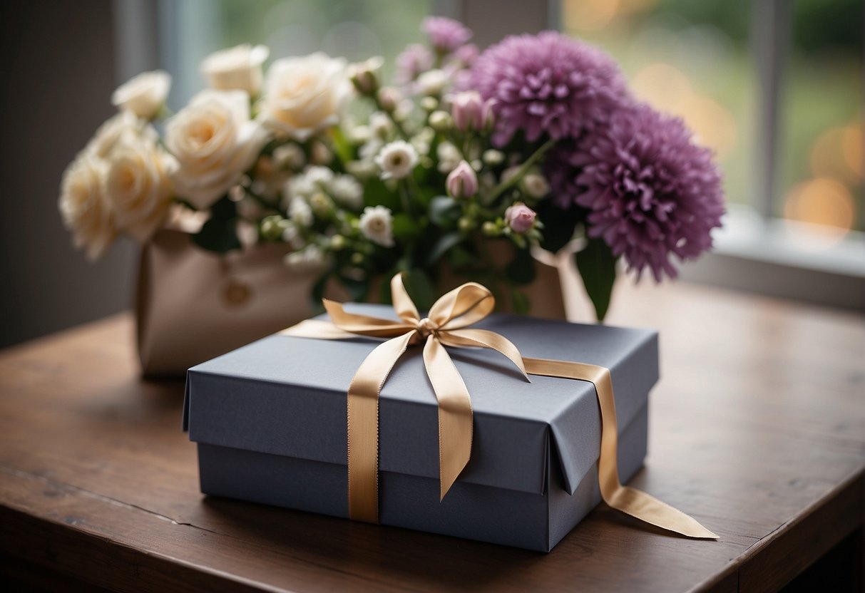 A beautifully wrapped gift box with a ribbon and personalized tag sits on a table next to a bouquet of flowers and a handwritten note