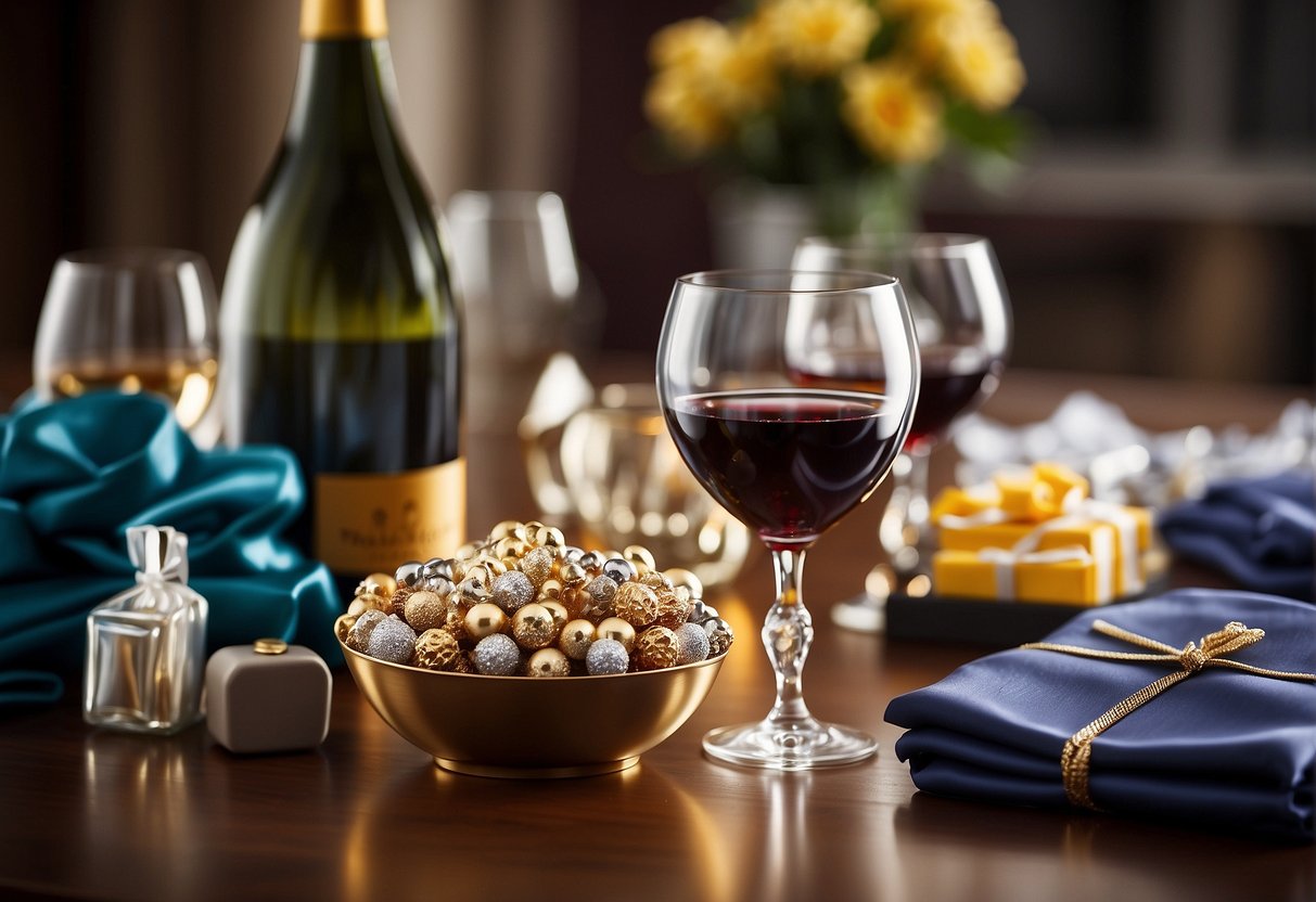 A table covered with various bulk bridesmaid gift items, such as personalized robes, jewelry sets, and custom wine glasses. A sign reads "Maximizing Value with Bulk Purchases."