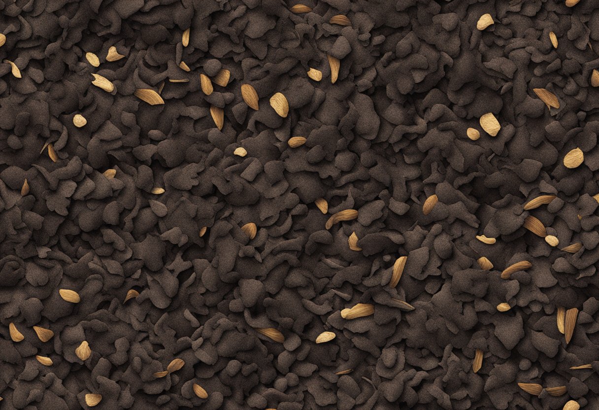 A pile of mulch and compost sit side by side, contrasting in texture and color. The mulch is dark and chunky, while the compost is rich and crumbly