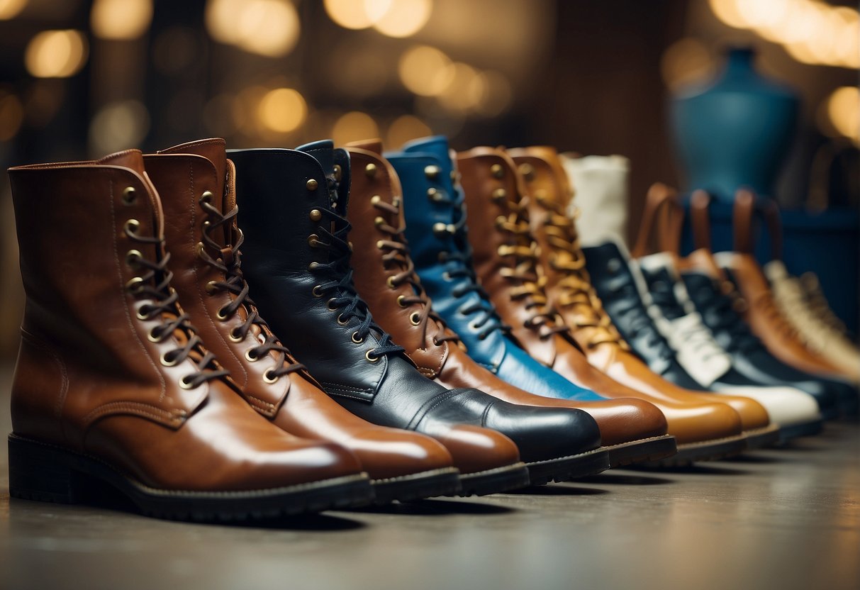 A pair of sleek leather boots sitting next to a variety of stylish outfits, including dresses, skirts, and jeans