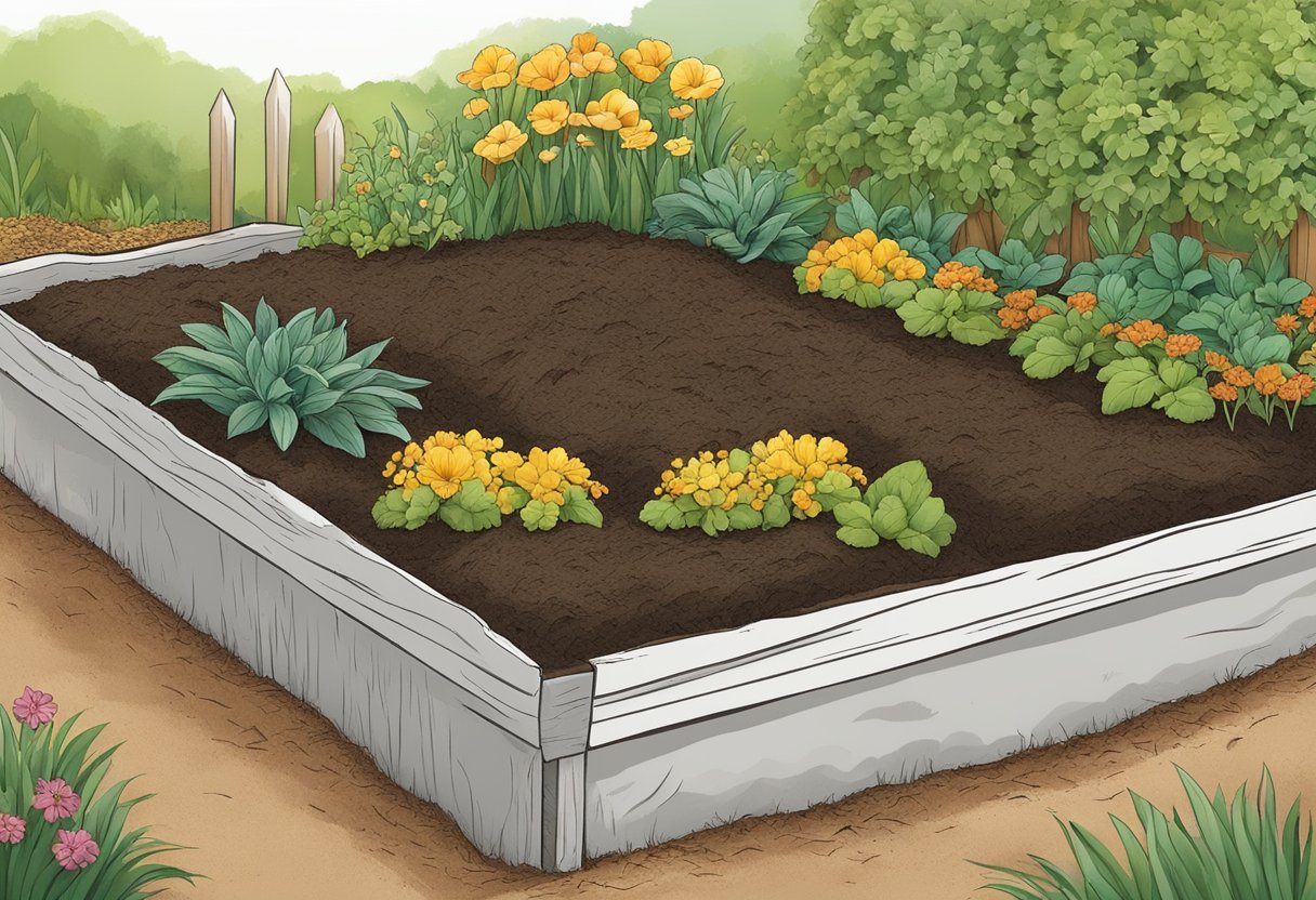 A garden bed with layers of mulch and compost, showing decomposition and nutrient release