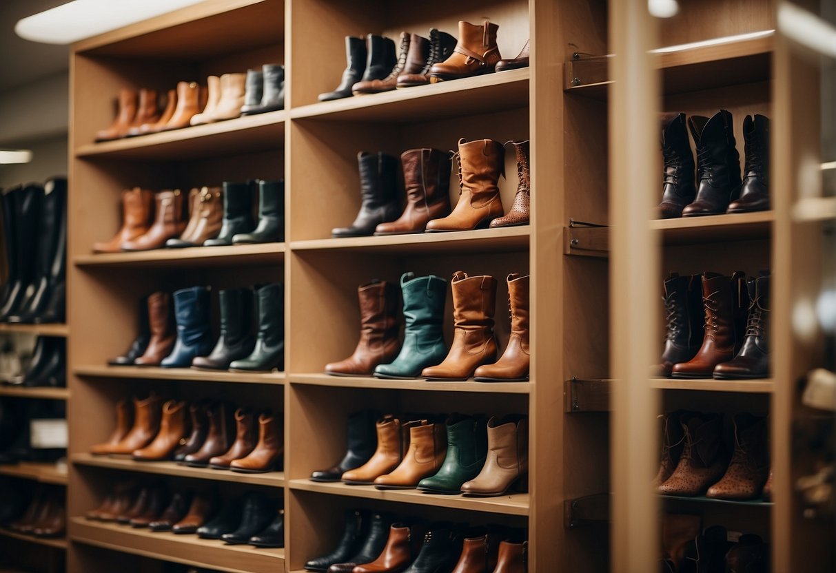 A display of stylish women's leather boots arranged on shelves, showcasing the latest trends and top picks in various colors and styles