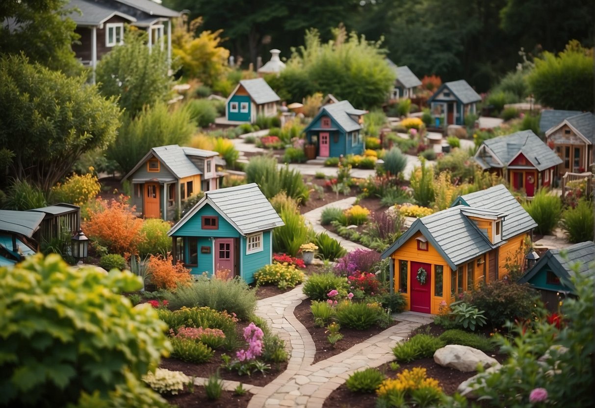 A cluster of colorful tiny homes nestled among lush gardens, with winding pathways and communal gathering areas for seniors