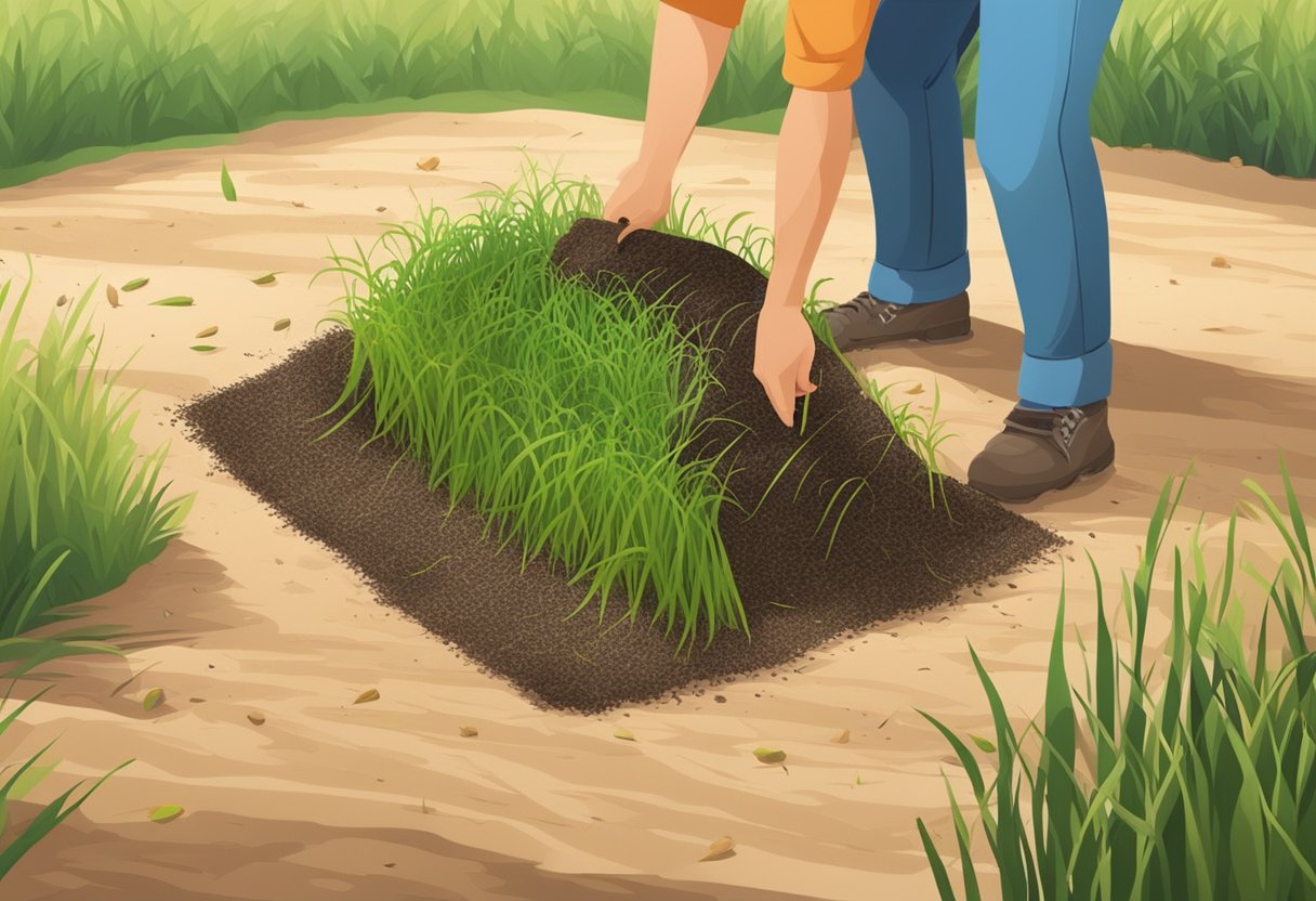 A person mulches grass seed with a layer of straw, evenly covering the soil to retain moisture and protect the seeds